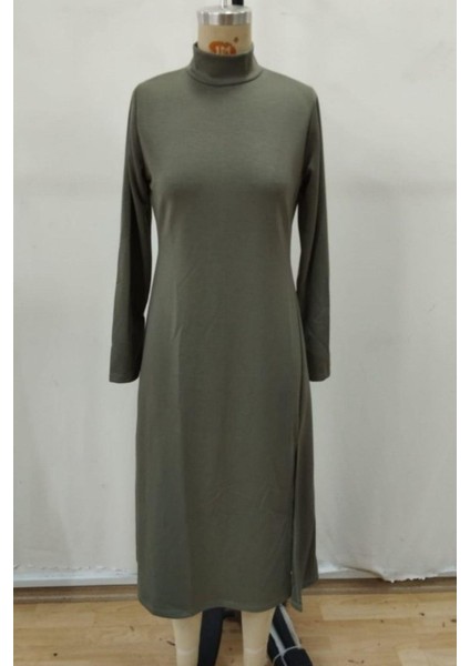 Balıkçı Yaka Derin Yırtmaç Detay Krep Elbise Yeşil indirimleri