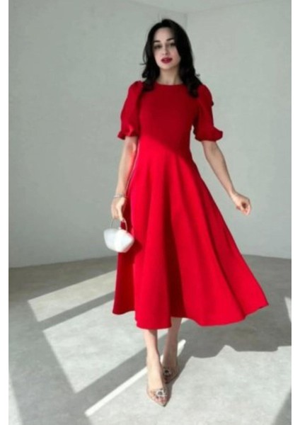 Balon Kol Rahat Kesim Midi Krep Elbise - Kırmızı