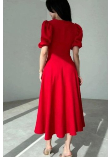 Balon Kol Rahat Kesim Midi Krep Elbise - Kırmızı fiyatları
