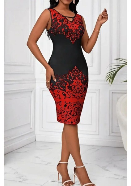 Sıfır Kol Desenli V Yaka Dalgıç Elbise - Kırmızı