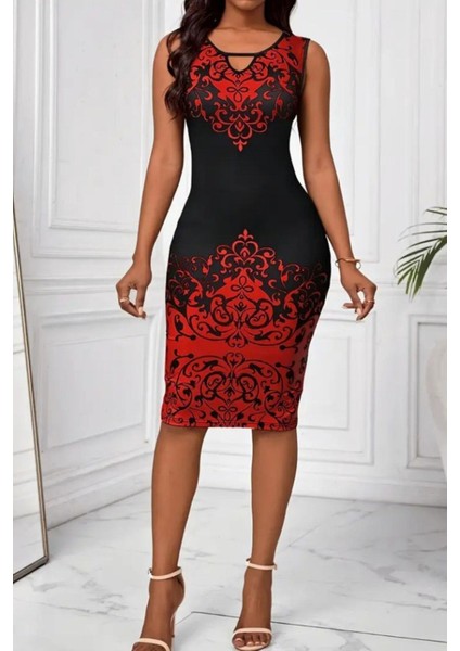 Sıfır Kol Desenli V Yaka Dalgıç Elbise - Kırmızı fiyatları