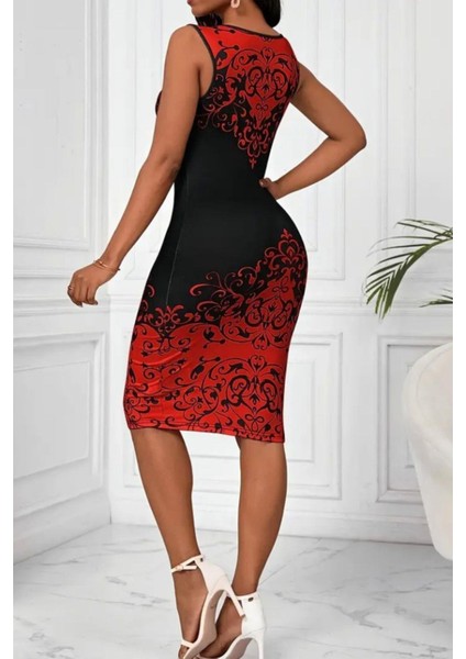 Sıfır Kol Desenli V Yaka Dalgıç Elbise - Kırmızı modelleri