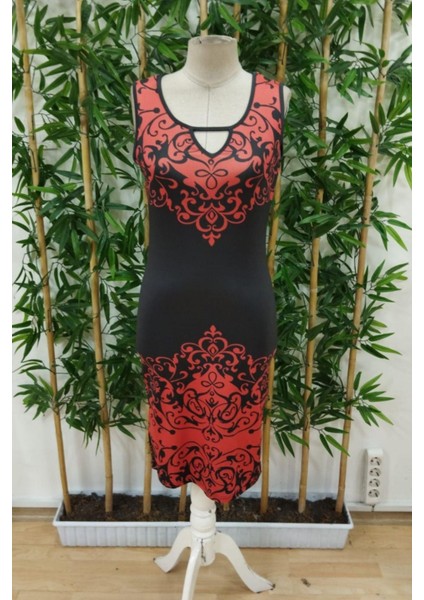 Sıfır Kol Desenli V Yaka Dalgıç Elbise - Kırmızı fırsatları