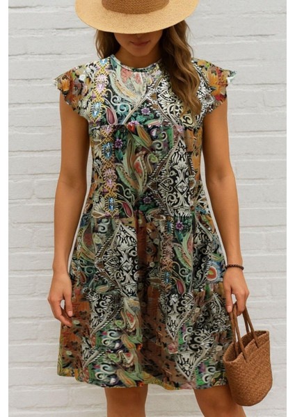 Kolları Fırfırlı Yuvarlak Yaka Elbise - Sarı