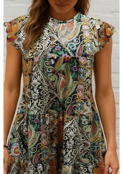 Kolları Fırfırlı Yuvarlak Yaka Elbise - Sarı fiyatları