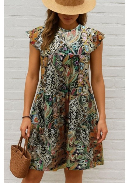 Kolları Fırfırlı Yuvarlak Yaka Elbise - Sarı modelleri