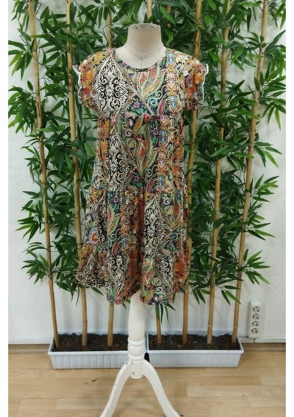 Kolları Fırfırlı Yuvarlak Yaka Elbise - Sarı fırsatları