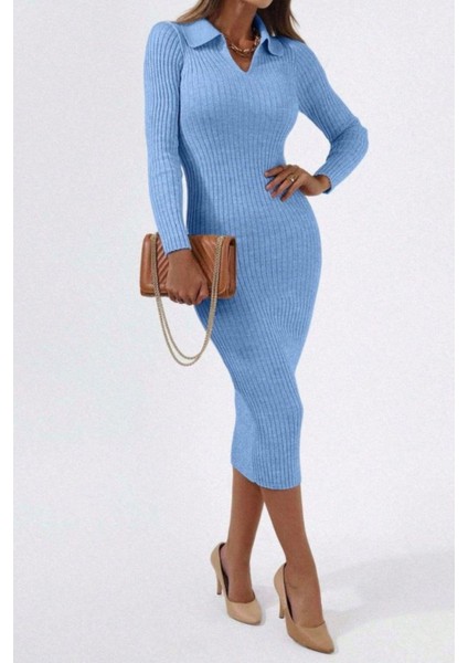 Polo Yaka Triko Midi Boy Elbise - Mavi