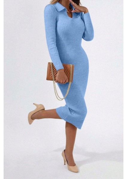 Polo Yaka Triko Midi Boy Elbise - Mavi modelleri