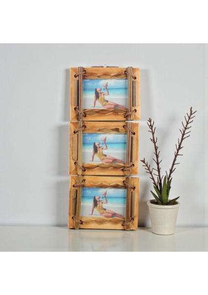El Yapımı Doğal Ahşap 3’lü Bambu Bamboo Fotoğraf Çerçevesi Dekoratif Ev Ofis Hediyesi Duvar Süsü - 1