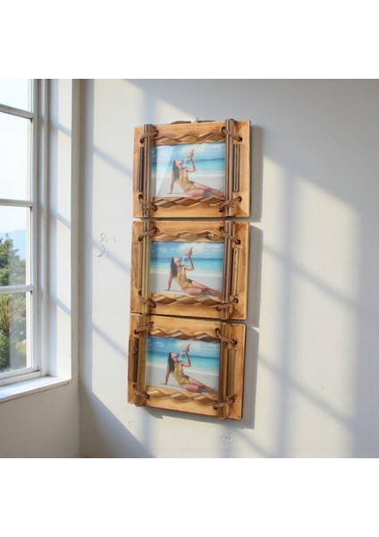 El Yapımı Doğal Ahşap 3’lü Bambu Bamboo Fotoğraf Çerçevesi Dekoratif Ev Ofis Hediyesi Duvar Süsü - 1 fiyatları