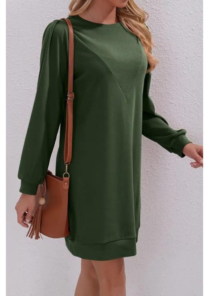 Uzun Kollu Bisiklet Yaka Iki Iplik Elbise Yeşil