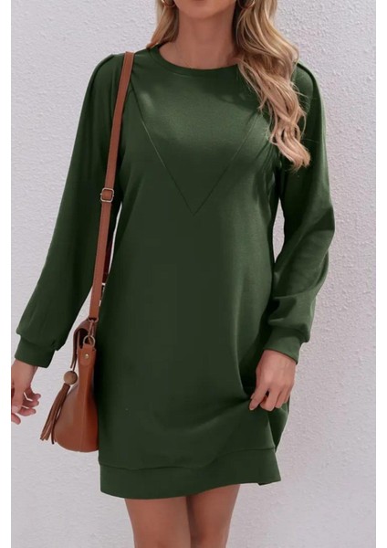 Uzun Kollu Bisiklet Yaka Iki Iplik Elbise Yeşil modelleri