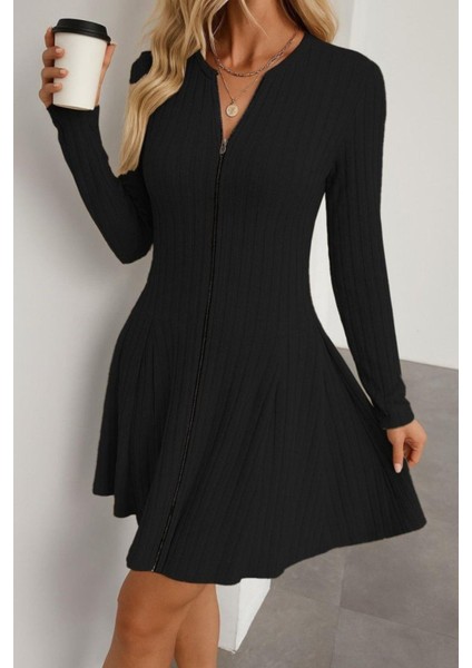 Uzun Kollu Fermuarlı Şardonlu Kaşkorse Elbise - Siyah