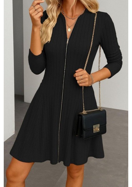 Uzun Kollu Fermuarlı Şardonlu Kaşkorse Elbise - Siyah fiyatları