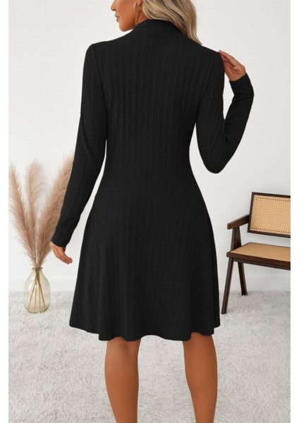 Uzun Kollu Fermuarlı Şardonlu Kaşkorse Elbise - Siyah modelleri