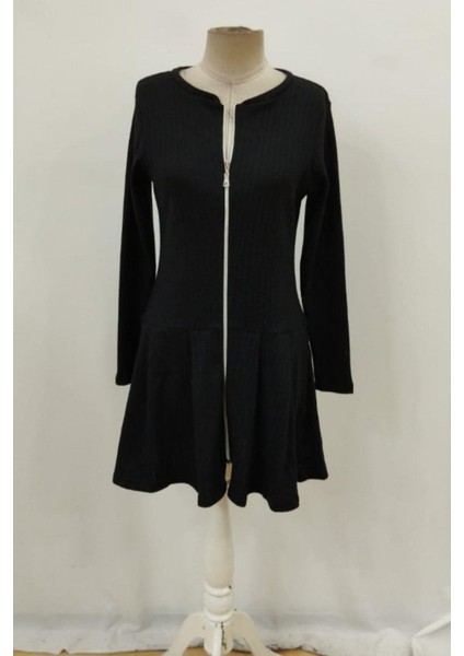 Uzun Kollu Fermuarlı Şardonlu Kaşkorse Elbise - Siyah fırsatları