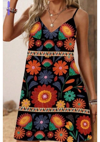 Ince Askılı V Yaka Desenli Süprem Elbise - Siyah