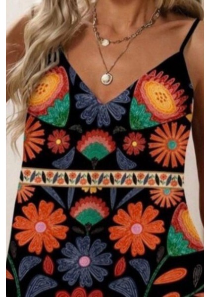 Ince Askılı V Yaka Desenli Süprem Elbise - Siyah fiyatları