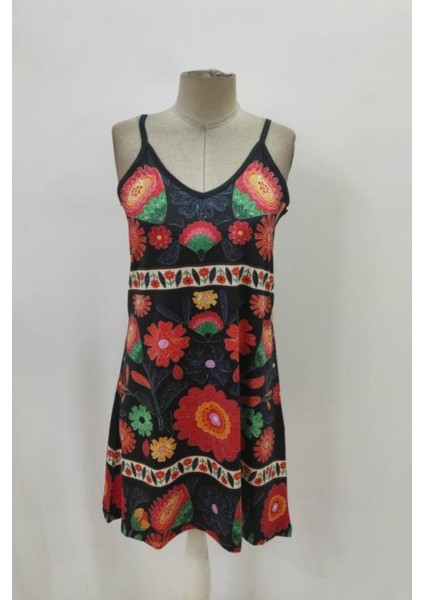 Ince Askılı V Yaka Desenli Süprem Elbise - Siyah fırsatları