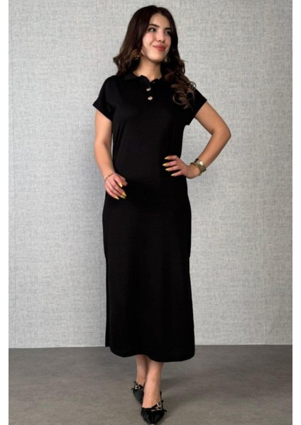 Polo Yaka Düğme Detaylı Yandan Yırtmaçlı Uzun Elbise - Siyah