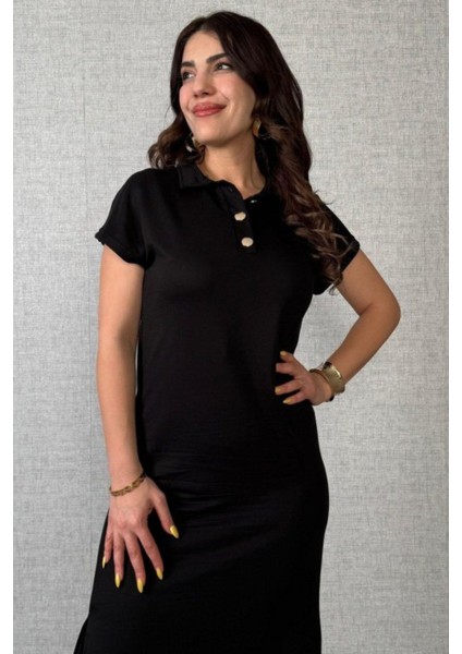 Polo Yaka Düğme Detaylı Yandan Yırtmaçlı Uzun Elbise - Siyah fiyatları