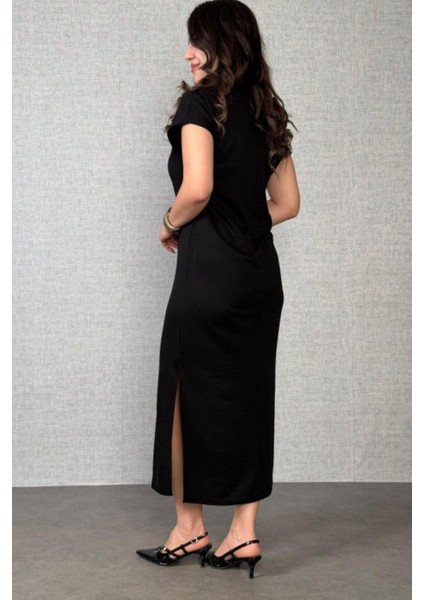 Polo Yaka Düğme Detaylı Yandan Yırtmaçlı Uzun Elbise - Siyah modelleri