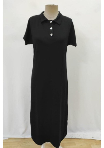 Polo Yaka Düğme Detaylı Yandan Yırtmaçlı Uzun Elbise - Siyah fırsatları