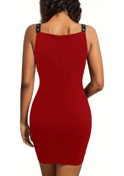 V Yaka Kuş Gözü Detaylı Mini Krep Elbise - Kırmızı fiyatları