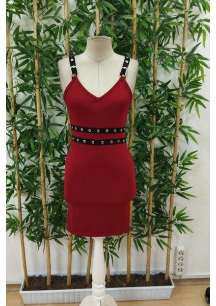 V Yaka Kuş Gözü Detaylı Mini Krep Elbise - Kırmızı fırsatları