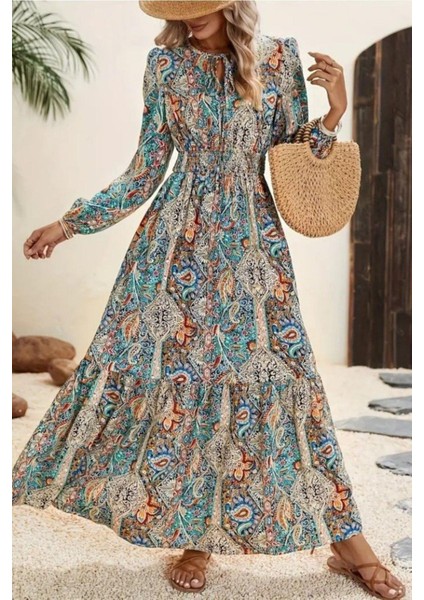 Uzun Kollu Beli Lastikli Süprem Elbise - Desenli