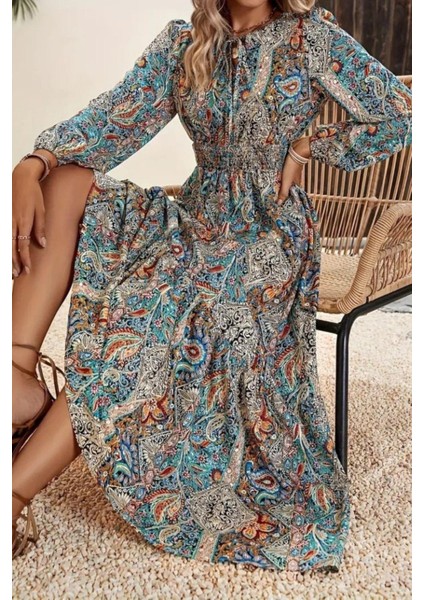 Uzun Kollu Beli Lastikli Süprem Elbise - Desenli fiyatları