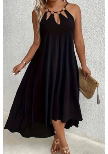 Halka Yaka Detaylı Asimetrik Viskon Elbise Siyah