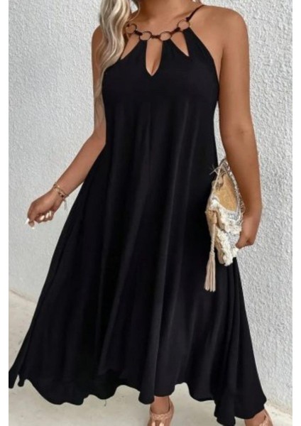 Halka Yaka Detaylı Asimetrik Viskon Elbise Siyah fiyatları