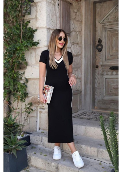 V Yaka Yandan Şeritli Elbise Siyah