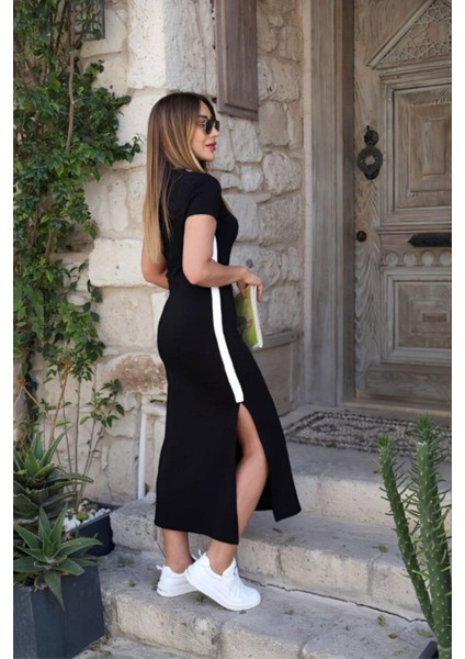 V Yaka Yandan Şeritli Elbise Siyah modelleri