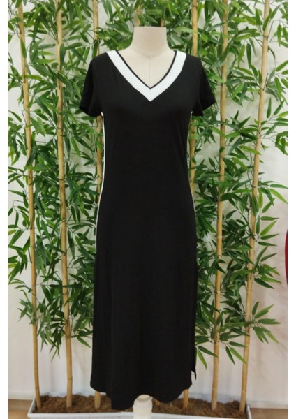 V Yaka Yandan Şeritli Elbise Siyah fırsatları