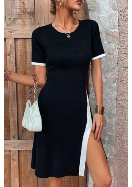 Bisiklet Yaka Yan Yırtmaçlı Kısa Kollu Elbise - Siyah