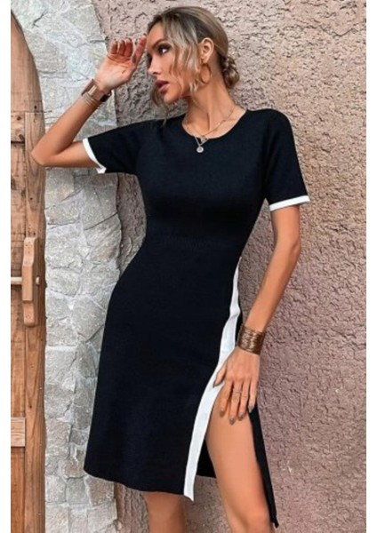 Bisiklet Yaka Yan Yırtmaçlı Kısa Kollu Elbise - Siyah modelleri