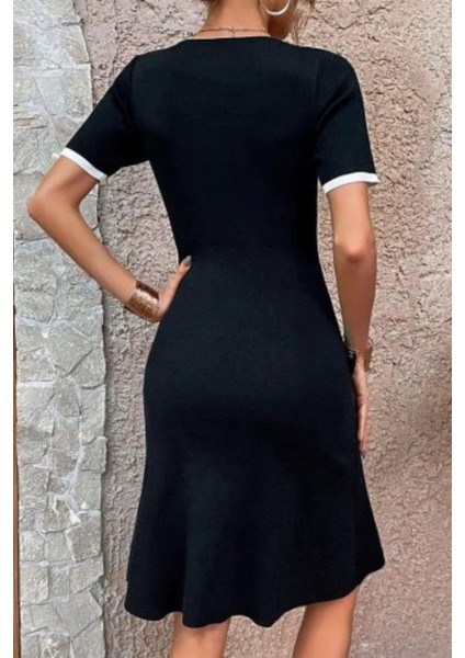 Bisiklet Yaka Yan Yırtmaçlı Kısa Kollu Elbise - Siyah fırsatları