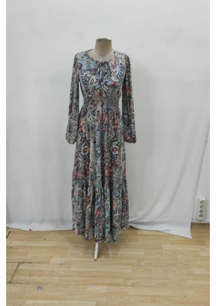 Uzun Kollu Beli Lastikli Süprem Elbise - Desenli fırsatları