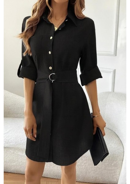 Düğmeli Kuşak Detaylı Ithal Keten Elbise - Siyah