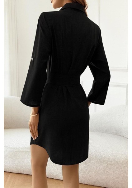 Düğmeli Kuşak Detaylı Ithal Keten Elbise - Siyah modelleri