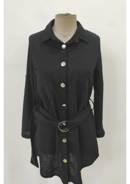 Düğmeli Kuşak Detaylı Ithal Keten Elbise - Siyah fırsatları