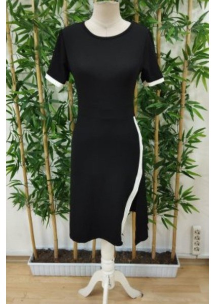 Bisiklet Yaka Yan Yırtmaçlı Kısa Kollu Elbise - Siyah indirimleri