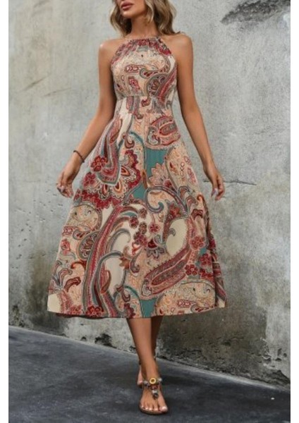 Halter Yaka Beli Lastikli Dijital Baskı Süprem Elbise - Desenli