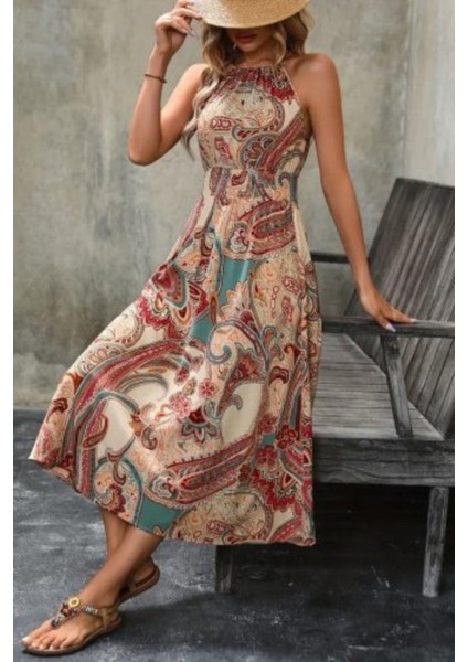 Halter Yaka Beli Lastikli Dijital Baskı Süprem Elbise - Desenli fiyatları