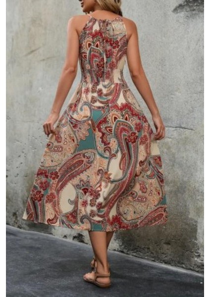 Halter Yaka Beli Lastikli Dijital Baskı Süprem Elbise - Desenli modelleri