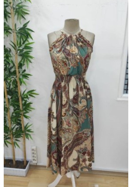 Halter Yaka Beli Lastikli Dijital Baskı Süprem Elbise - Desenli fırsatları