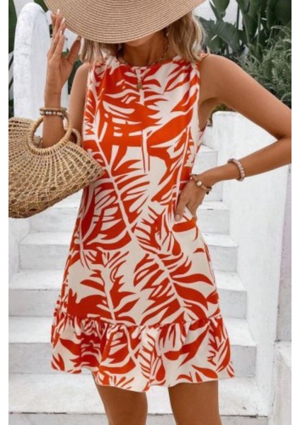 Sıfır Kol Yaprak Desenli Fırfır Detaylı Elbise - Turuncu